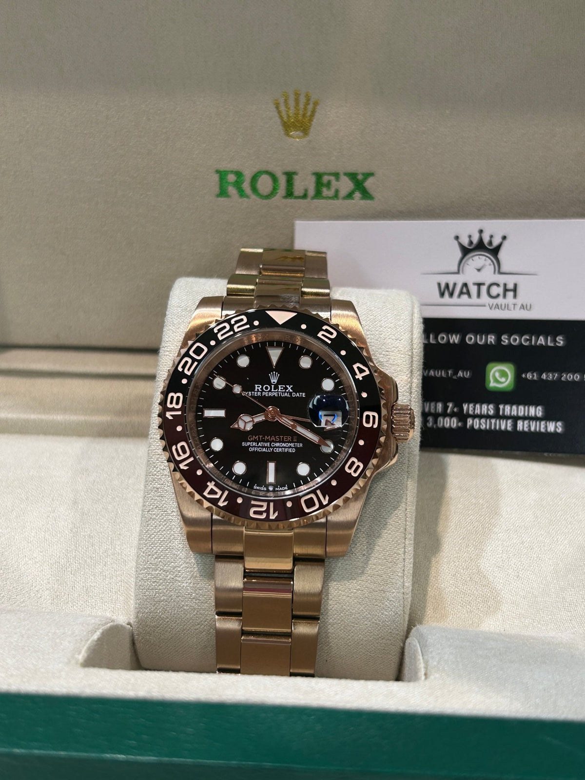 Rolex GMT II Rootebeer Rose Gold 40MM Swiss Grade - Watch Vault Au