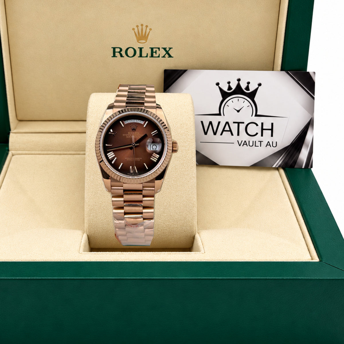 Day-Date Rose Gold Tone Chocolate Roman Dial 36mm - Watch Vault Au