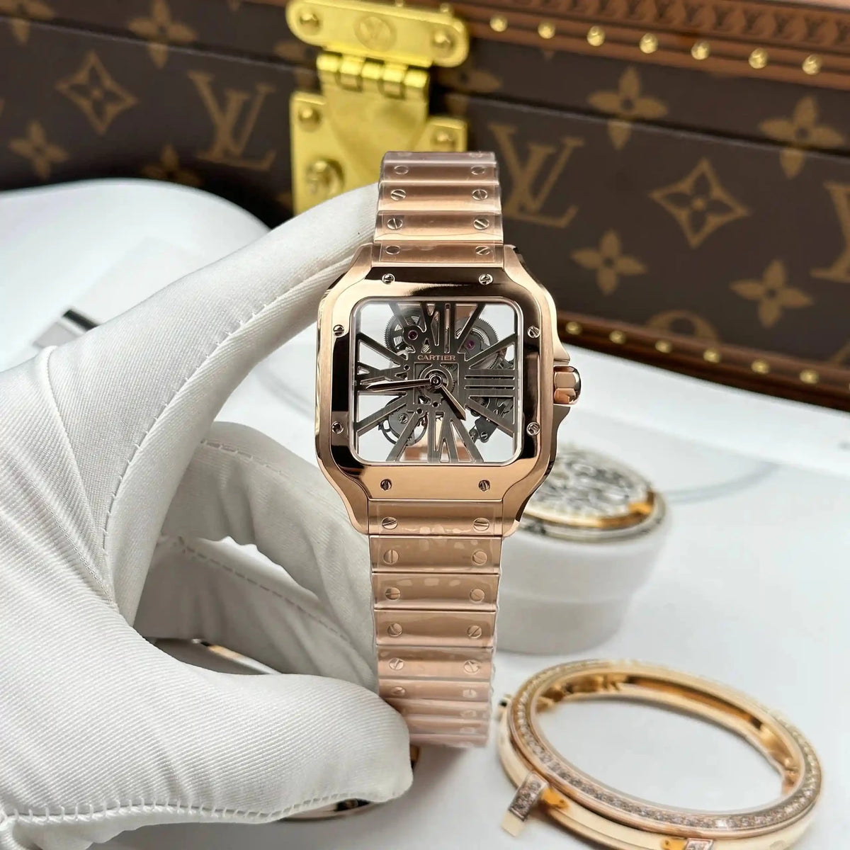 Cartier Santos Skeleton Rose Gold Tone 39.8mm WHSA0016 - Watch Vault Au