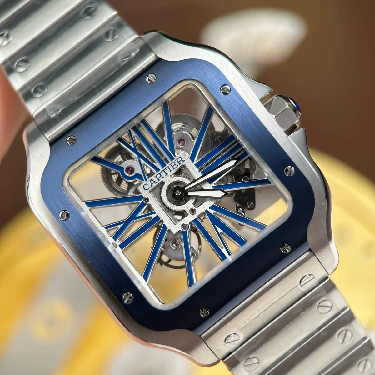 Cartier Santos Skeleton Blue Details 39mm WHSA0026 - Watch Vault Au