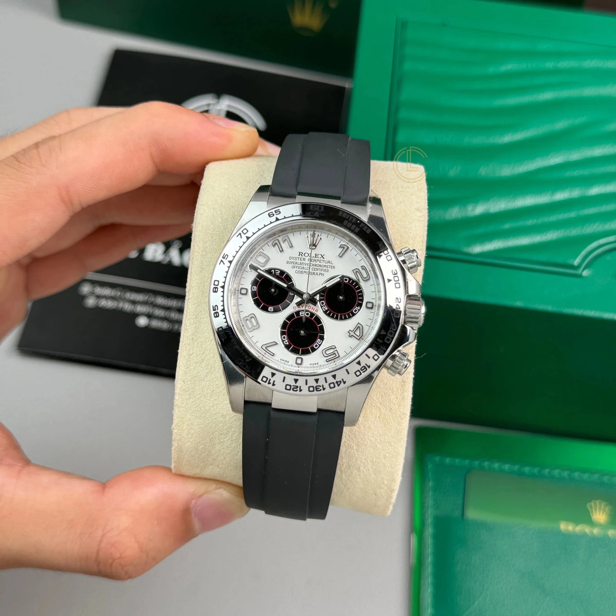 Daytona Silver Tone Arabic Dial Rubber Strap 40mm - Watch Vault Au