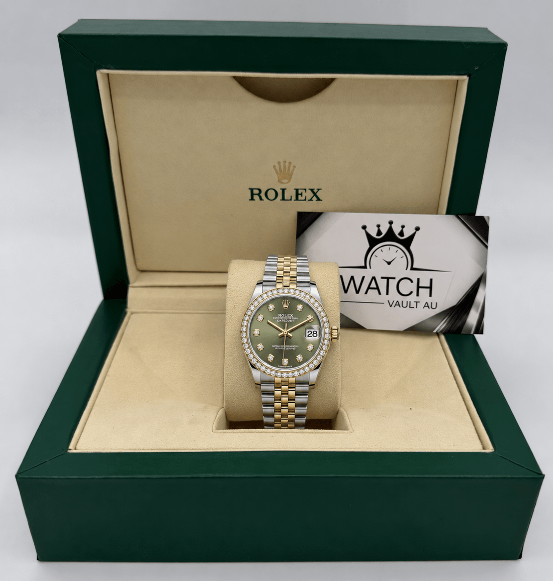 Datejust Two Tone Yellow Gold Tone Green Gem-set Bezel 31mm - Watch Vault Au