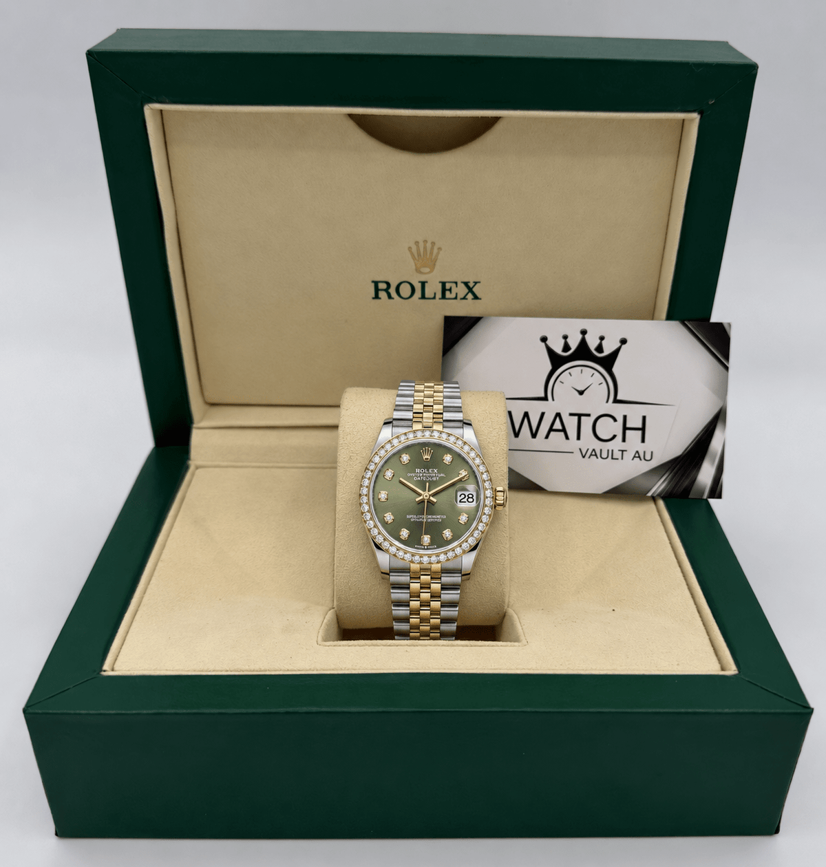 Datejust Two Tone Yellow Gold Tone Green Gem-set Bezel 31mm - Watch Vault Au