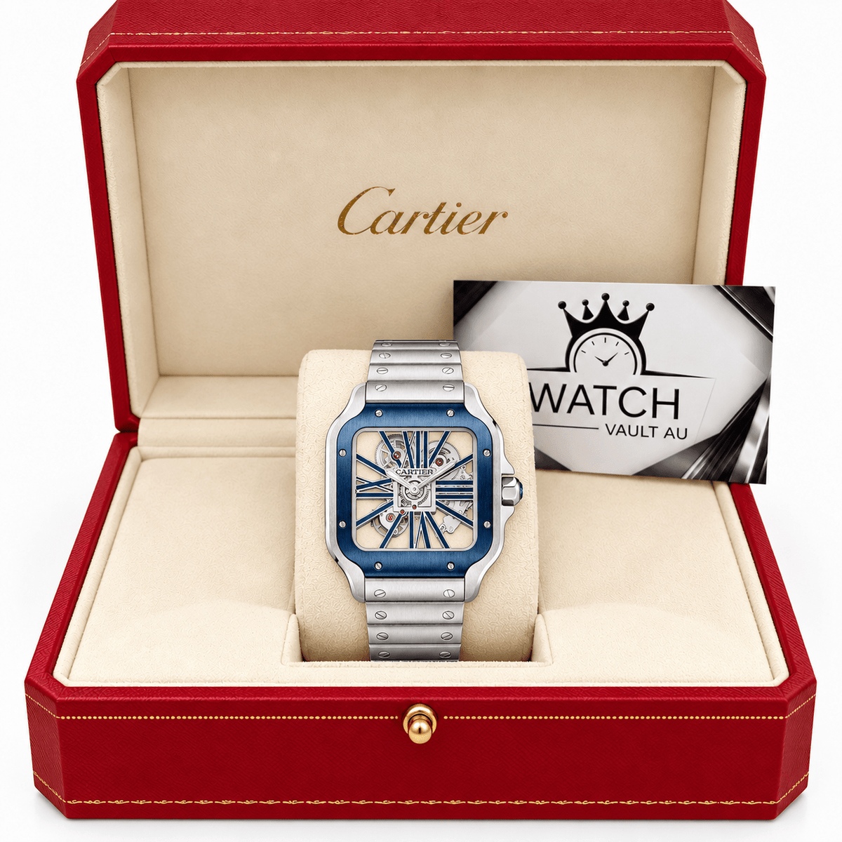 Cartier Santos Skeleton Blue Details 39mm WHSA0026 - Watch Vault Au