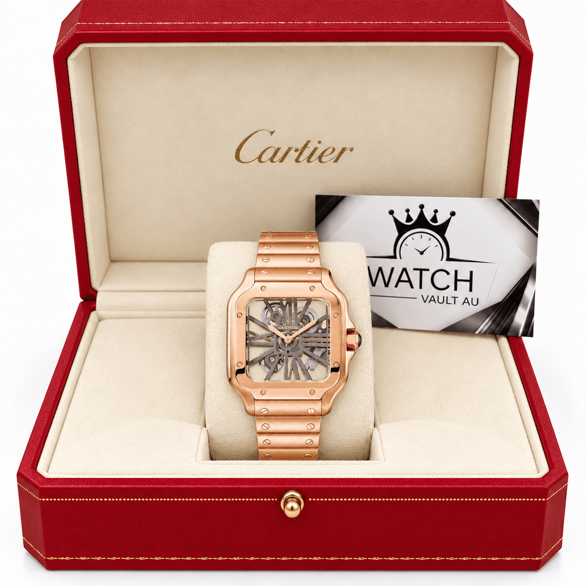 Cartier Santos Skeleton Rose Gold Tone 39.8mm WHSA0016 - Watch Vault Au