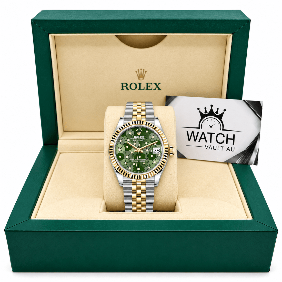 Datejust Two Tone Yellow Gold Tone Green Floral Dial 31mm - Watch Vault Au