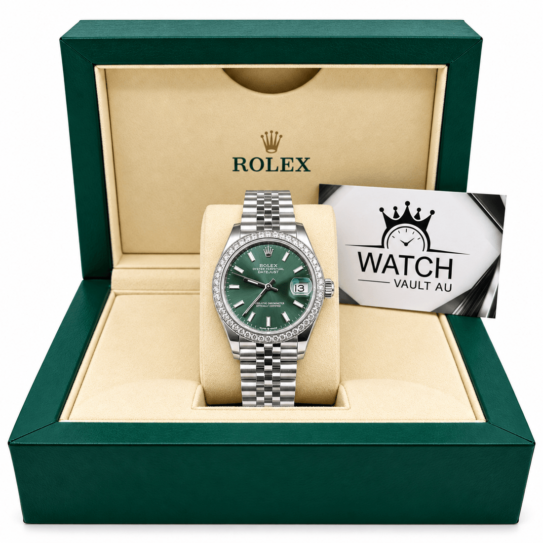 Datejust Silver Tone Green Gem-set Bezel 31mm - Watch Vault Au