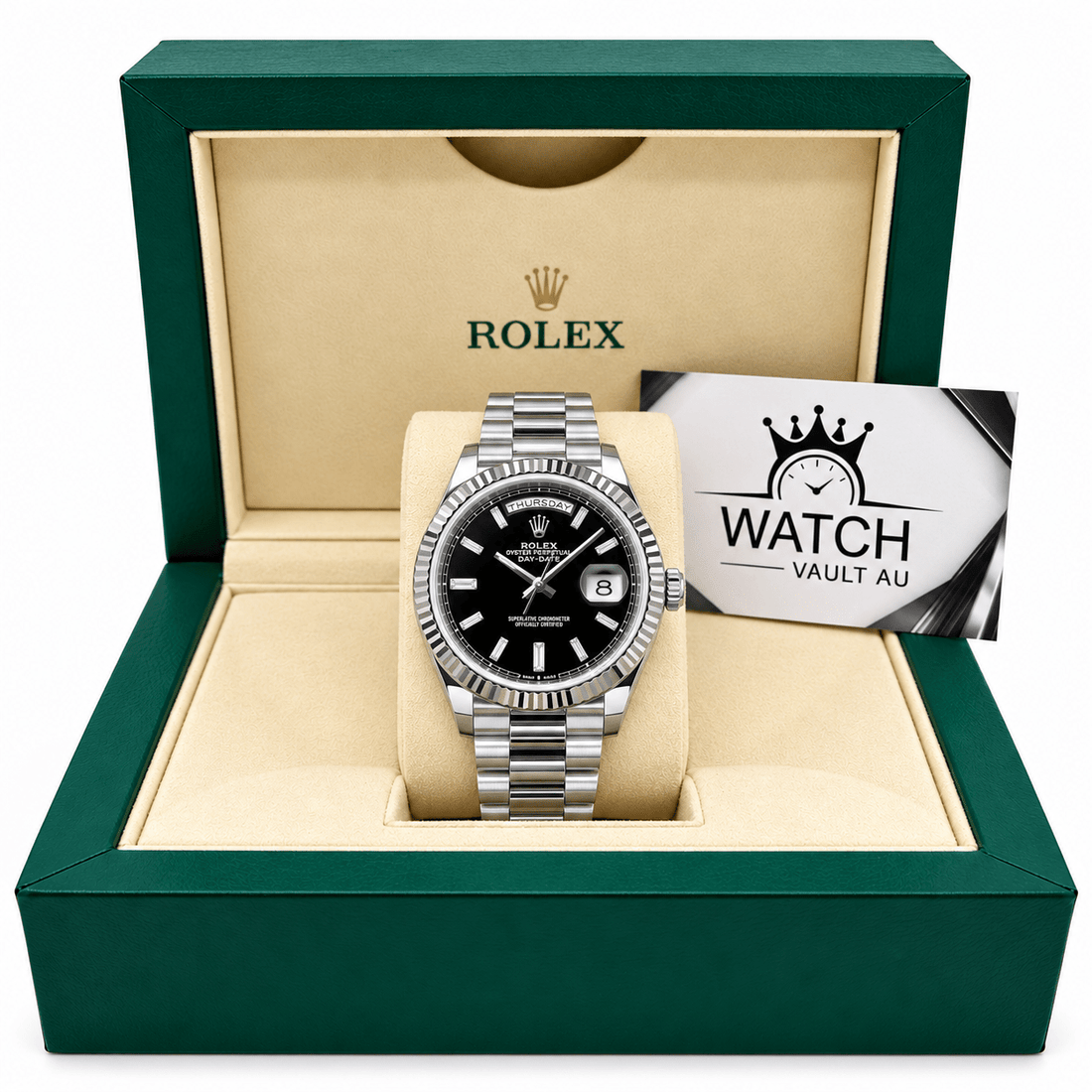 Day-Date Silver Tone Black Baton Dial 40mm - Watch Vault Au