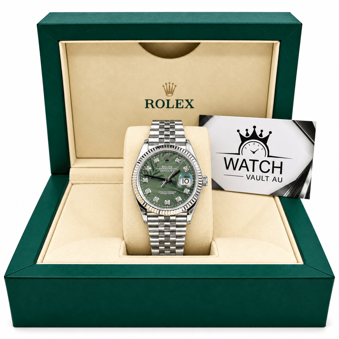 Datejust Silver Tone Green Palm Dial 36mm - Watch Vault Au