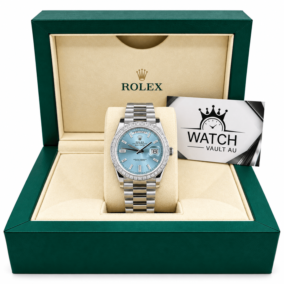 Day-Date Silver Tone Ice Blue Gem-set Bezel 40mm - Watch Vault Au