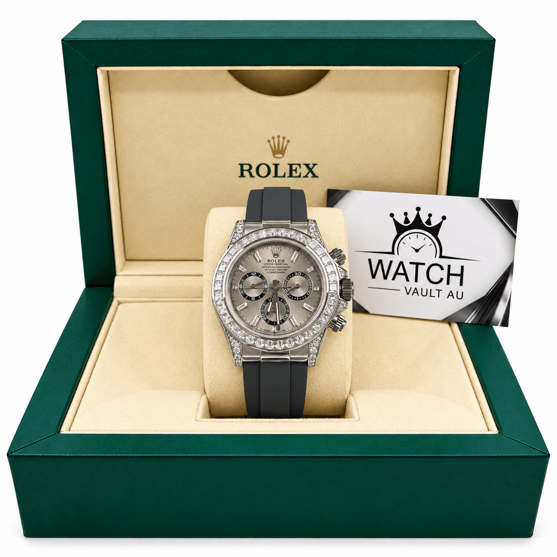 Daytona Silver Tone Sundust Gem-set Bezel Rubber Strap 40mm - Watch Vault Au