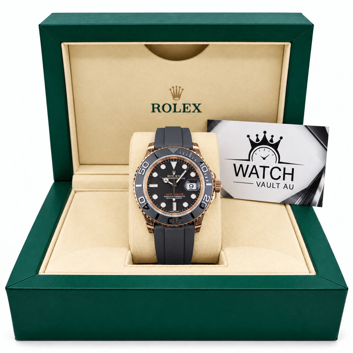 Yacht-Master Rose Gold Tone Black Dial Rubber Strap 40mm - Watch Vault Au