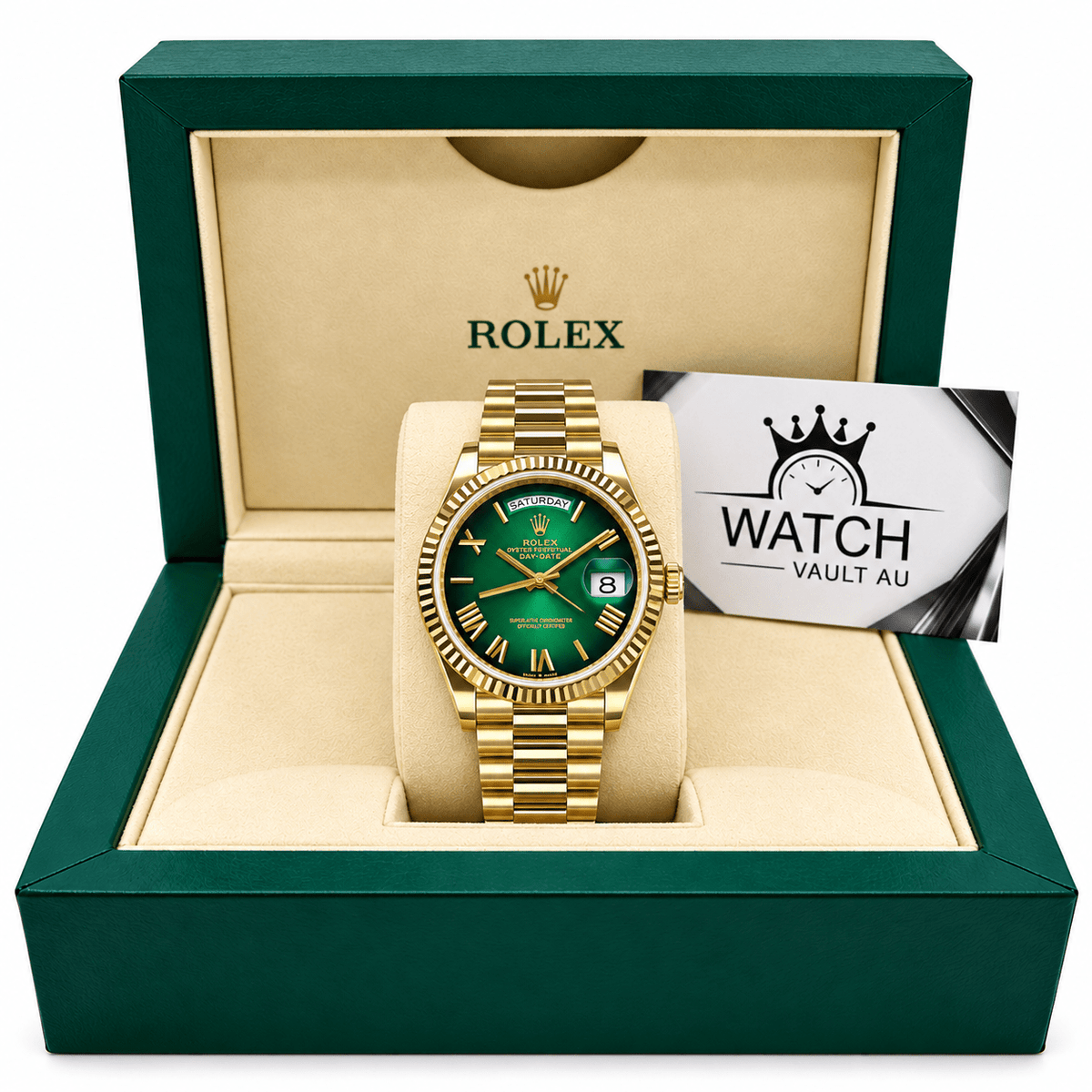 Day-Date Yellow Gold Tone Green Ombre Dial 36mm - Watch Vault Au