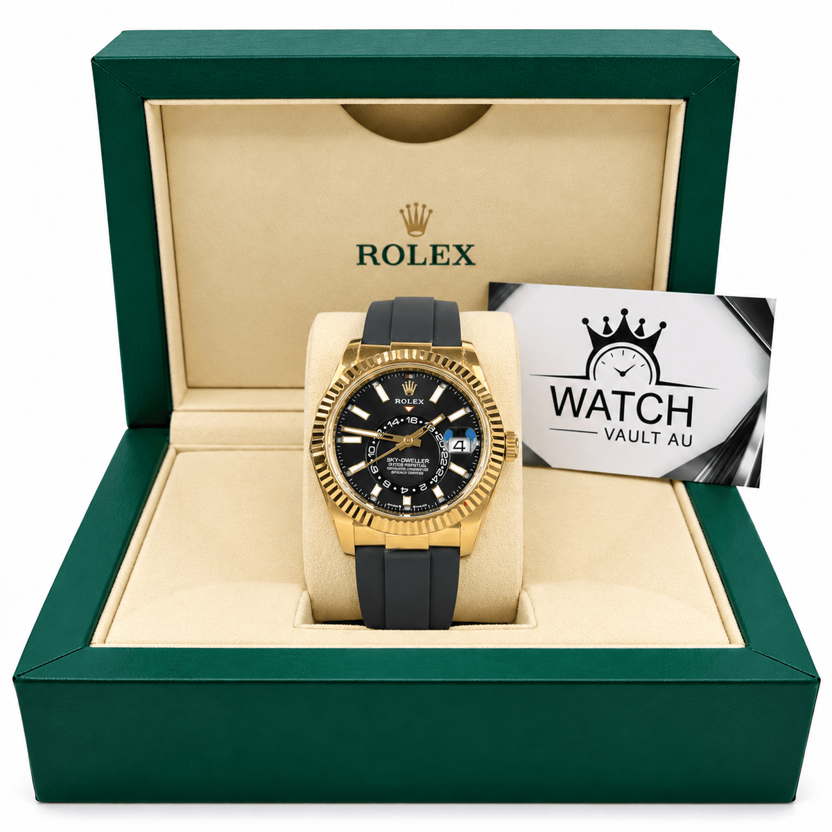 Sky-Dweller Yellow Gold Tone Black Dial Rubber Strap 42mm - Watch Vault Au