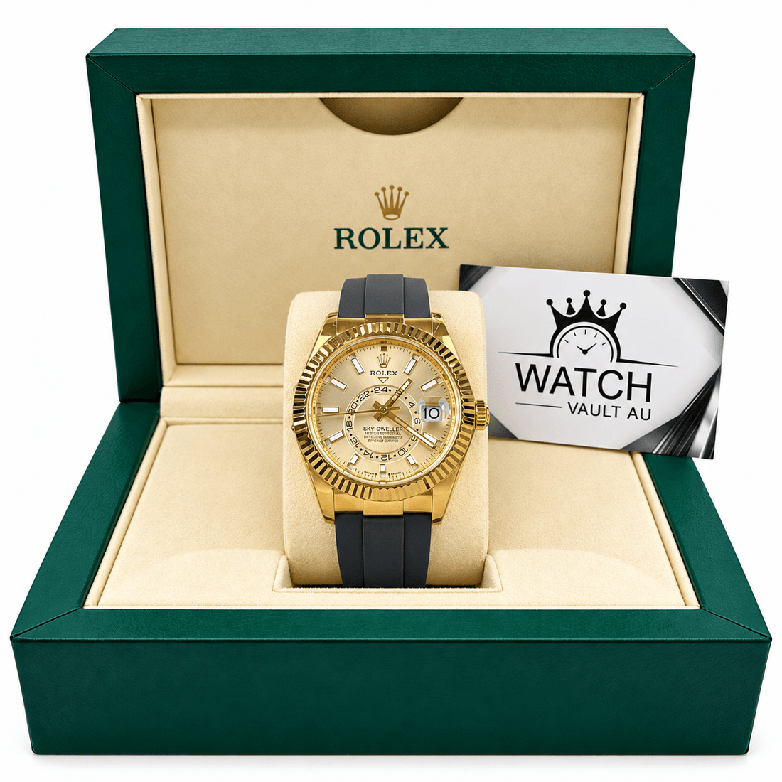 Sky-Dweller Yellow Gold Tone Champagne Dial Rubber Strap 42mm - Watch Vault Au