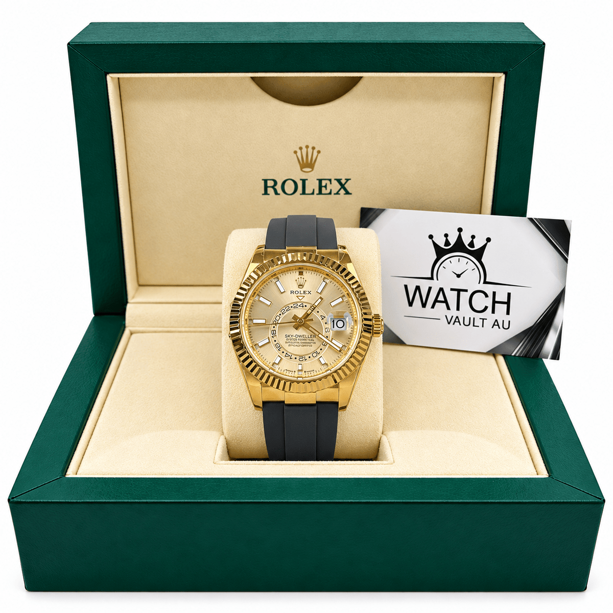 Sky-Dweller Yellow Gold Tone Champagne Dial Rubber Strap 42mm - Watch Vault Au