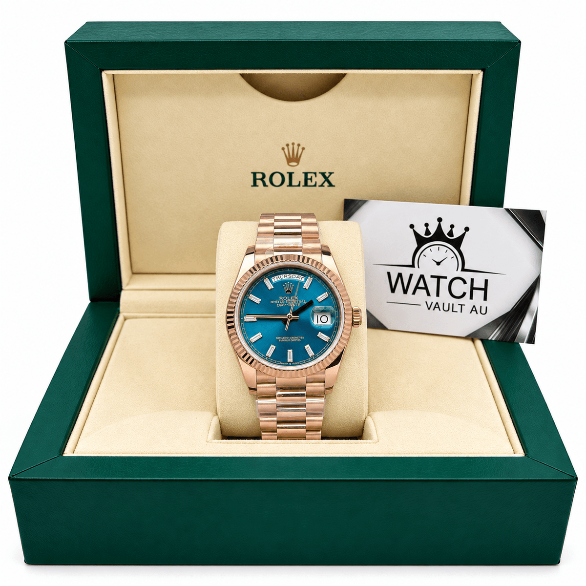 Day-Date Rose Gold Tone Teal Dial 36mm - Watch Vault Au