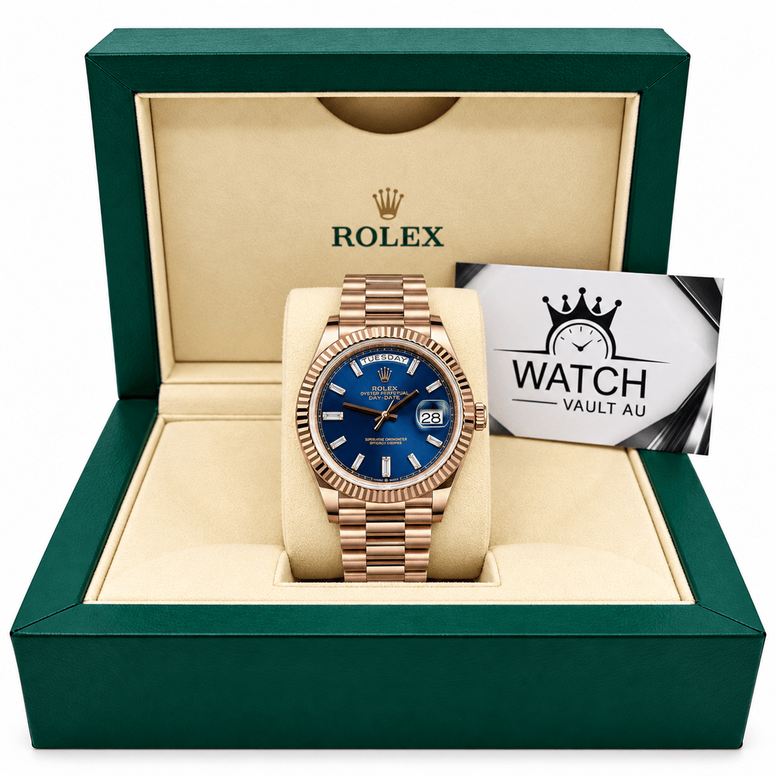 Day-Date Rose Gold Tone Blue Dial 40mm - Watch Vault Au