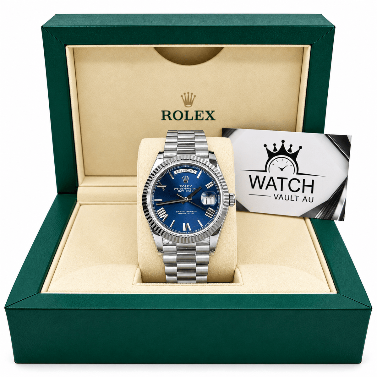 Day-Date Silver Tone Blue Baton Dial 40mm - Watch Vault Au