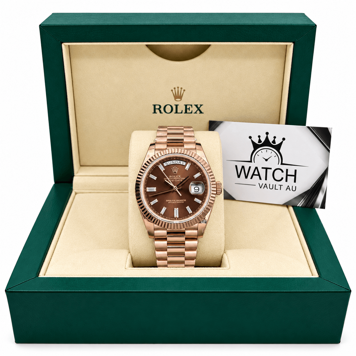Day-Date Rose Gold Tone Chocolate Gem-set Dial 40mm - Watch Vault Au