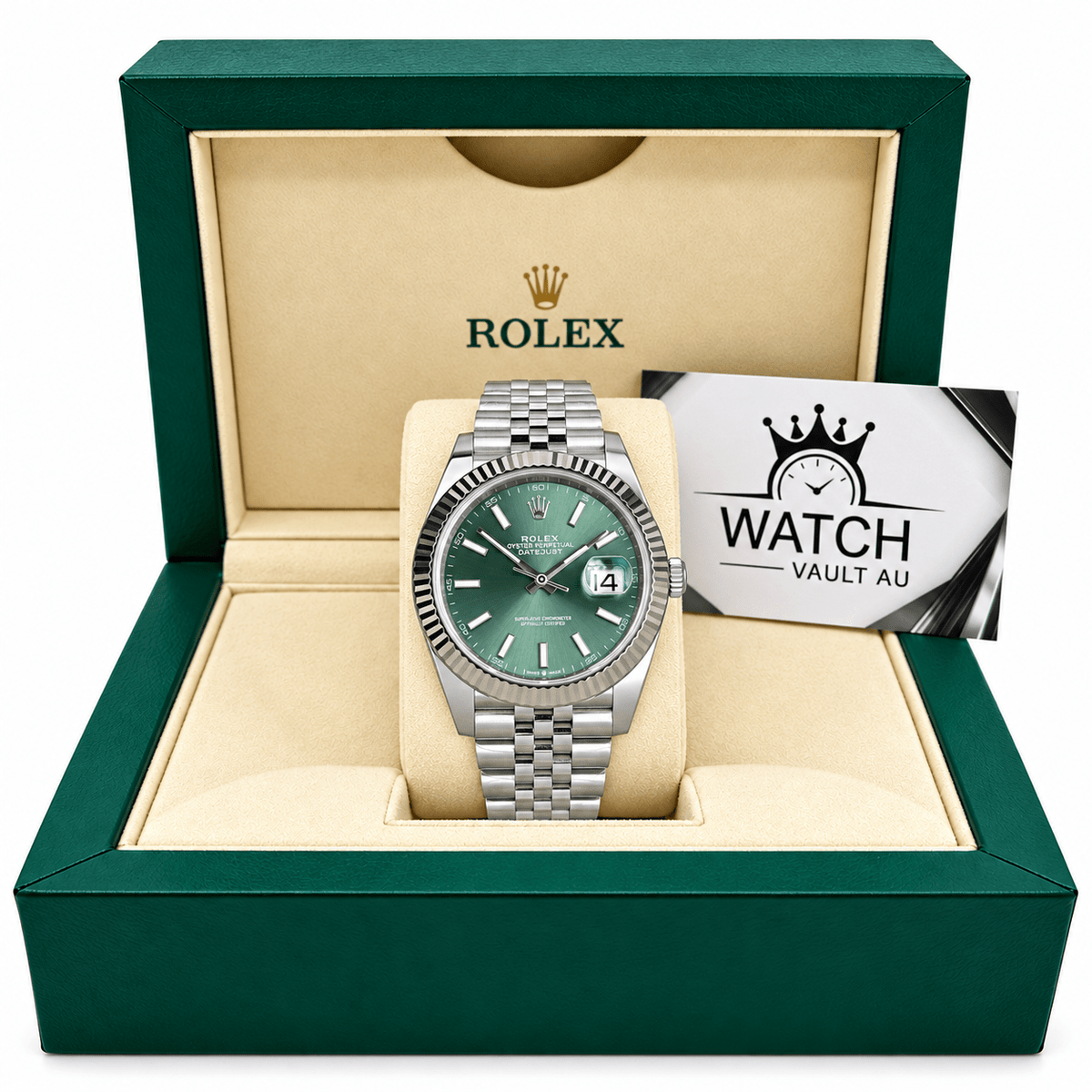 Datejust Silver Tone Mint Green Baton Dial 41mm - Watch Vault Au