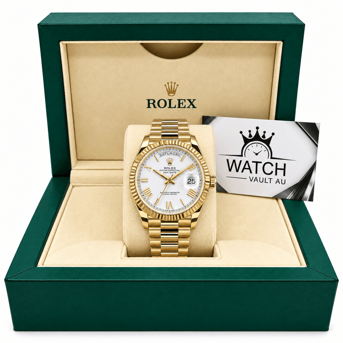 Day-Date Yellow Gold Tone White Baton Dial 40mm - Watch Vault Au