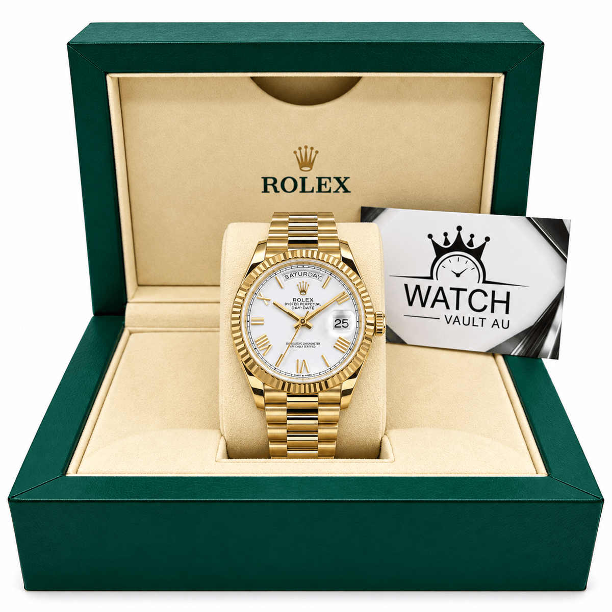 Day-Date Yellow Gold Tone White Baton Dial 40mm - Watch Vault Au