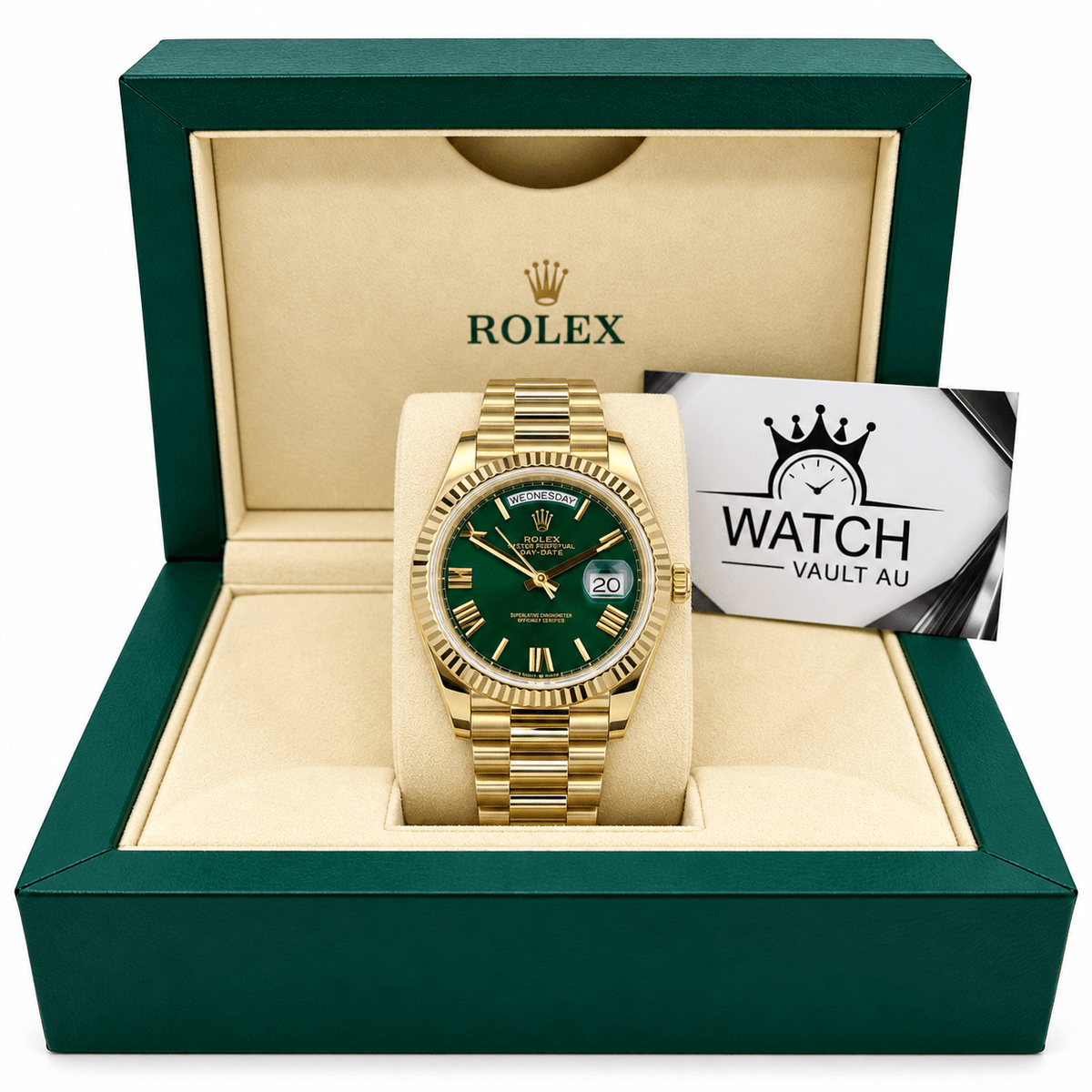 Day-Date Yellow Gold Tone Green Baton Dial 40mm - Watch Vault Au
