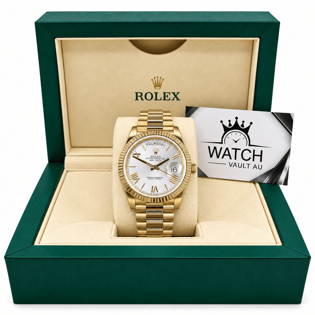 Day-Date Yellow Gold Tone Silver Dial 40mm - Watch Vault Au