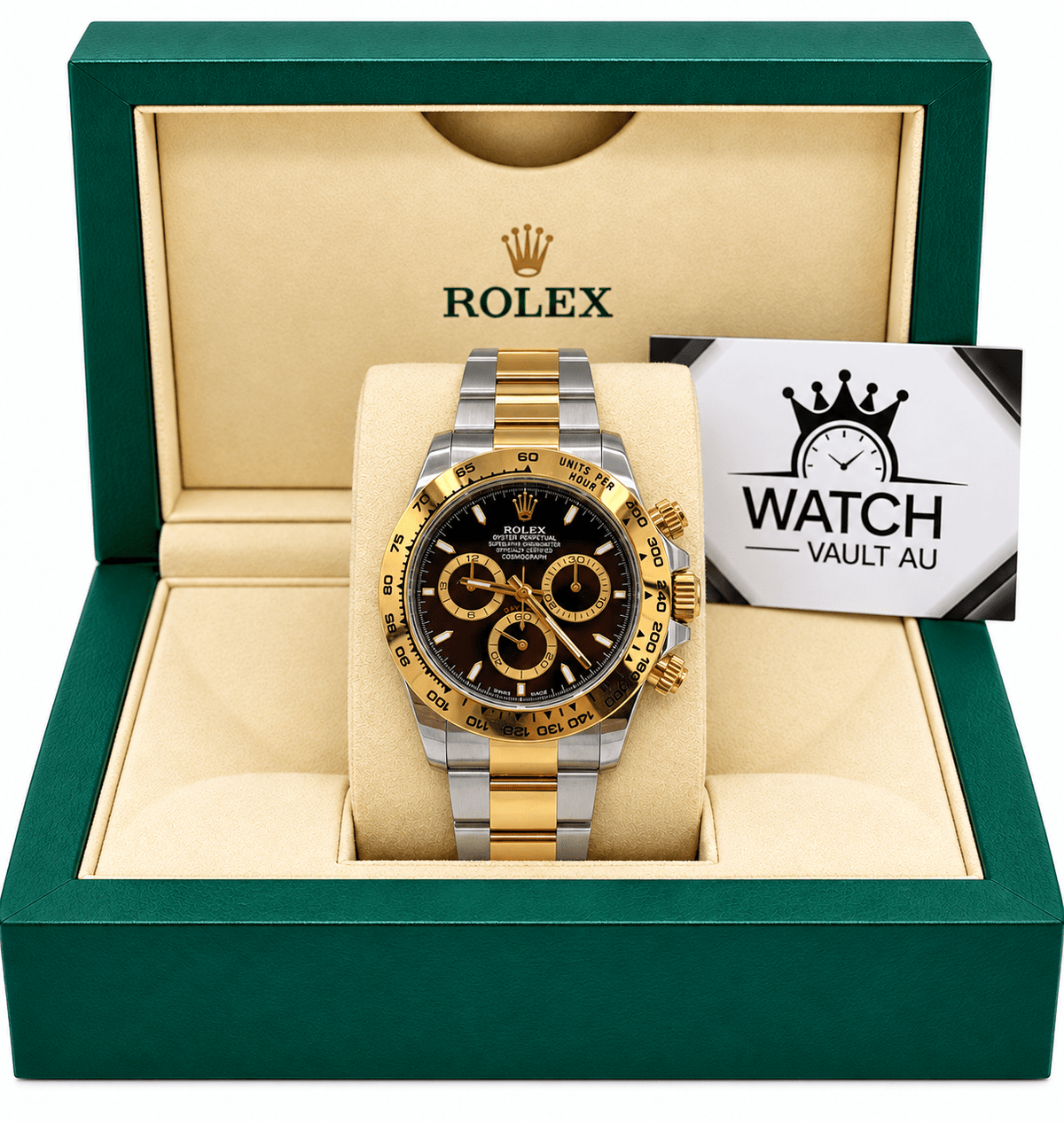 RLX Daytona TwoTone Yellow Gold Black Dial Swiss - Watch Vault Au