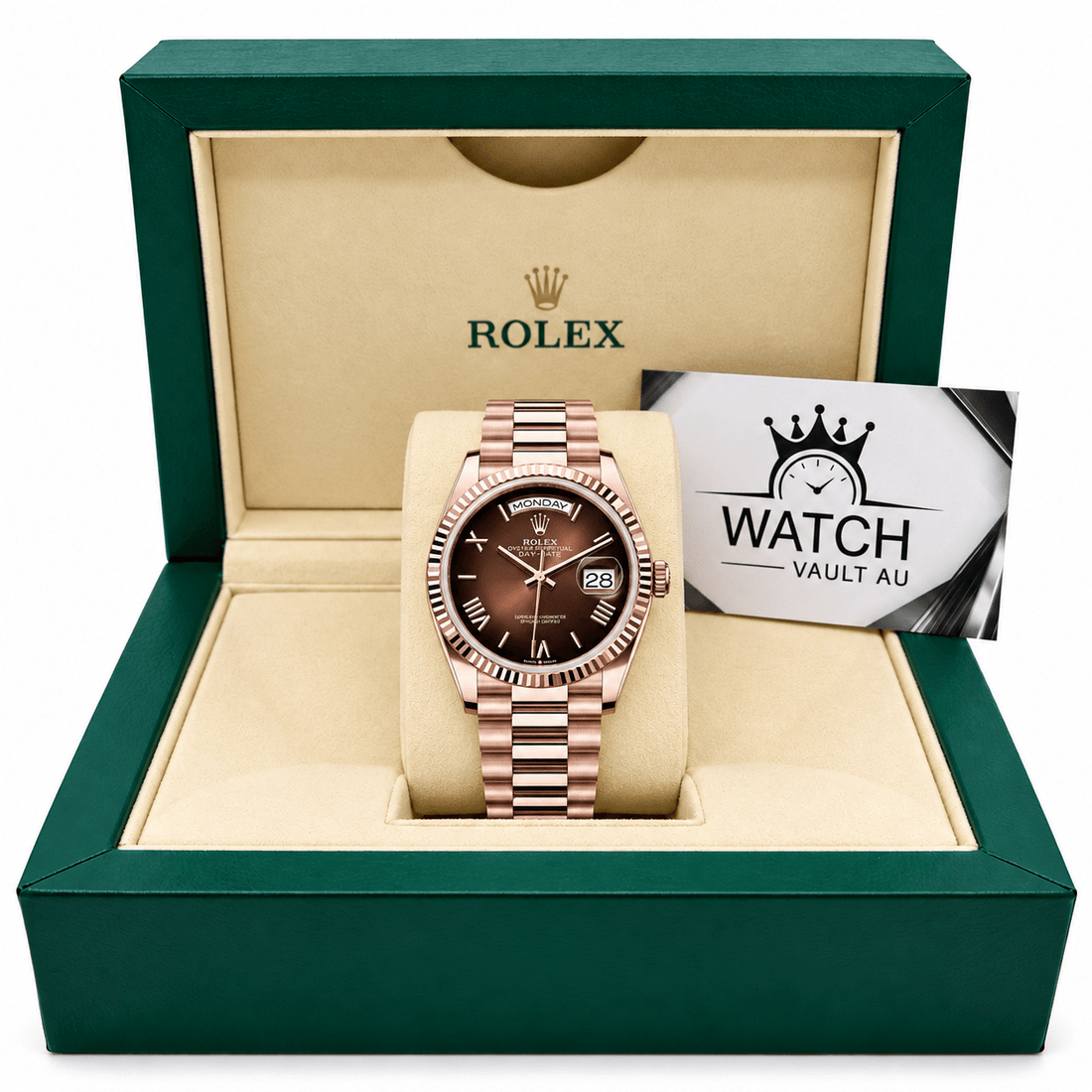 Day-Date Rose Gold Tone Chocolate Roman Dial 36mm - Watch Vault Au