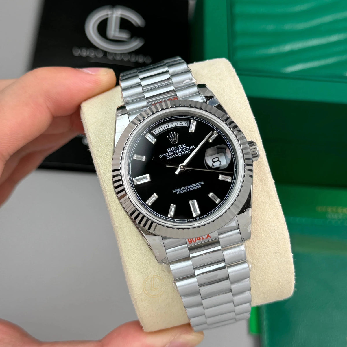 Day-Date Silver Tone Black Baton Dial 40mm - Watch Vault Au