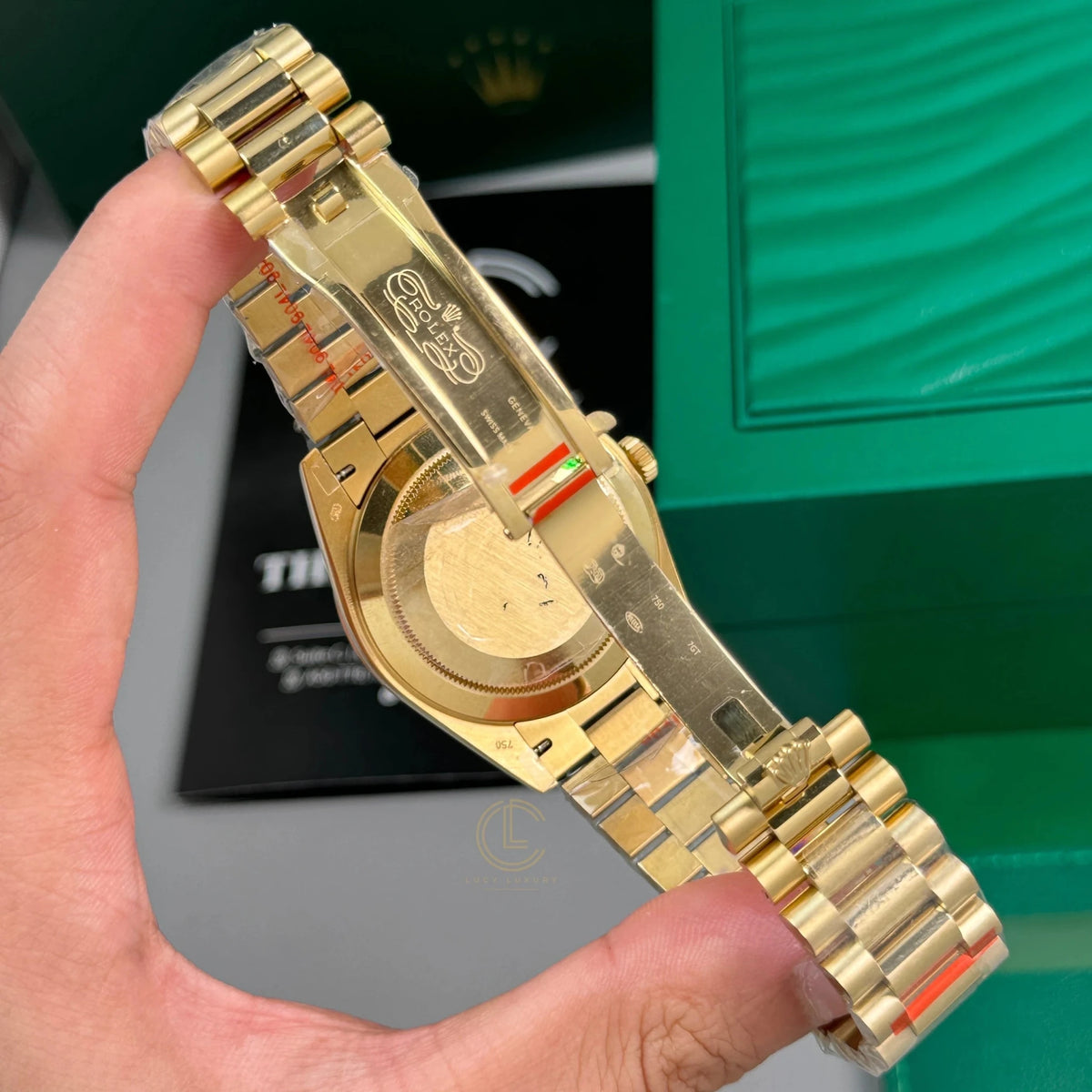 Day-Date Yellow Gold Tone Green Baton Dial 40mm - Watch Vault Au