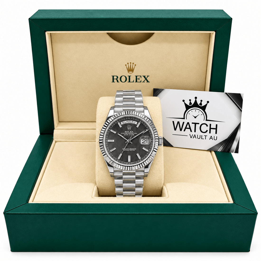 Day-Date Silver Tone Grey Textured Dial 40mm - Watch Vault Au