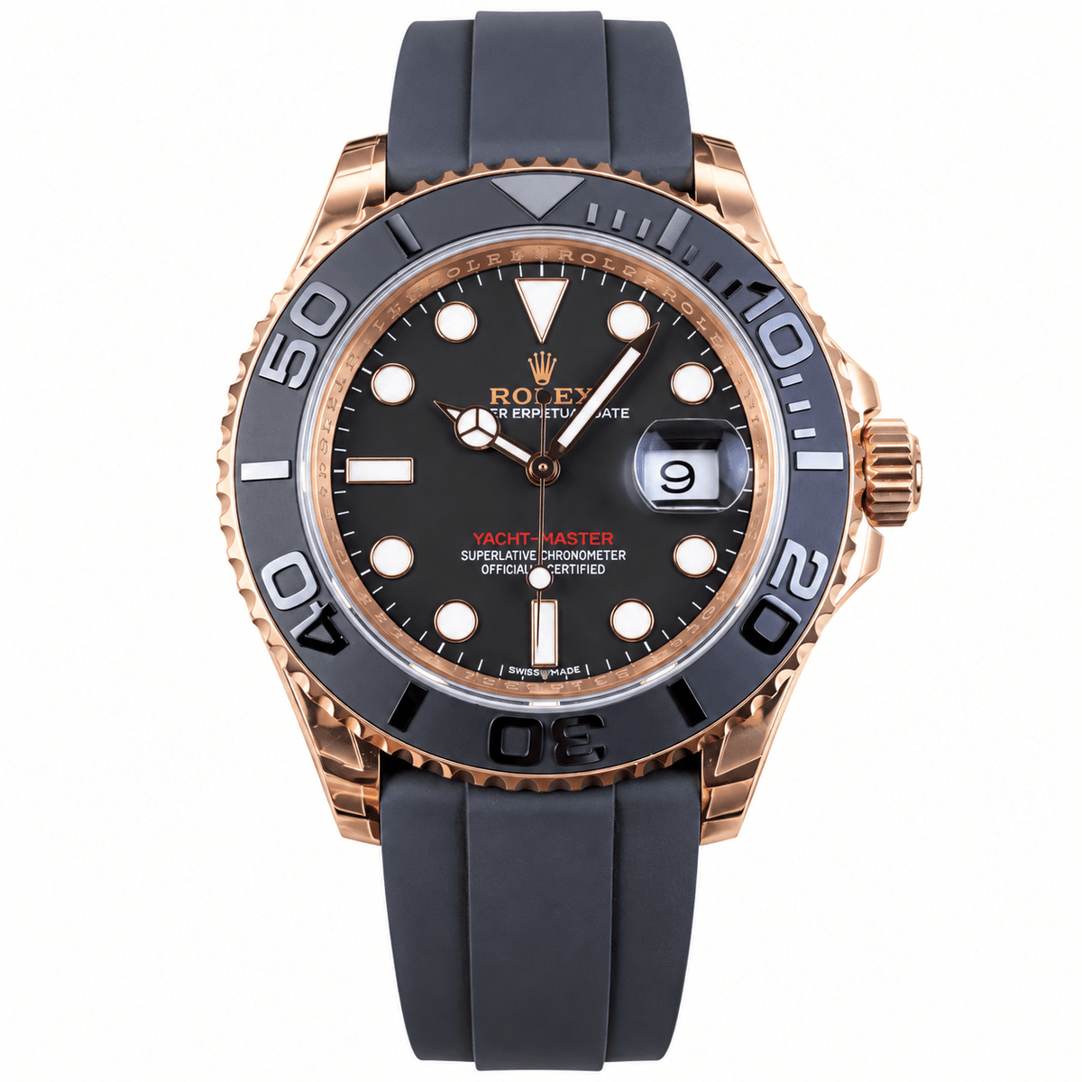 Yacht-Master Rose Gold Tone Black Dial Rubber Strap 40mm - Watch Vault Au