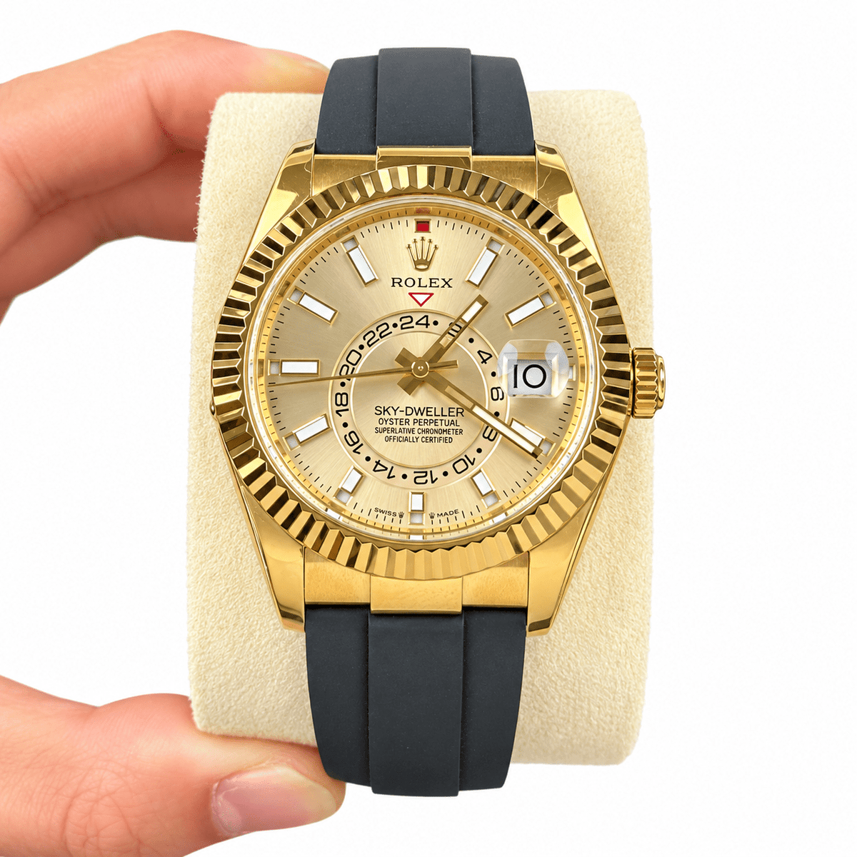 Sky-Dweller Yellow Gold Tone Champagne Dial Rubber Strap 42mm - Watch Vault Au