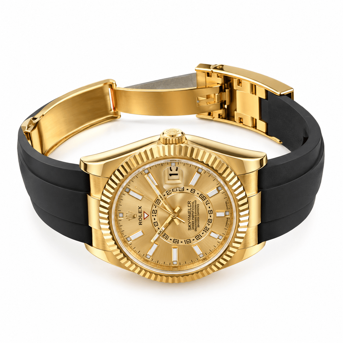 Sky-Dweller Yellow Gold Tone Champagne Dial Rubber Strap 42mm - Watch Vault Au
