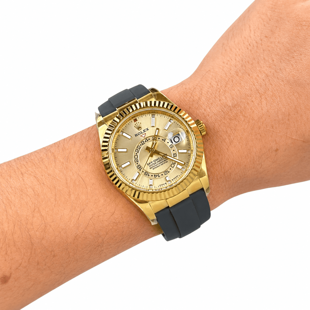Sky-Dweller Yellow Gold Tone Champagne Dial Rubber Strap 42mm - Watch Vault Au