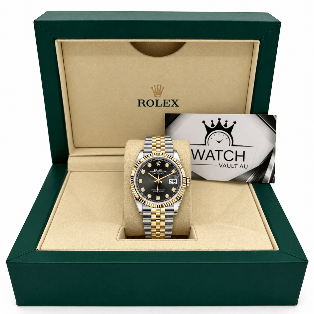 Datejust Two Tone Yellow Gold Tone Black Gem-set Dial 36mm - Watch Vault Au