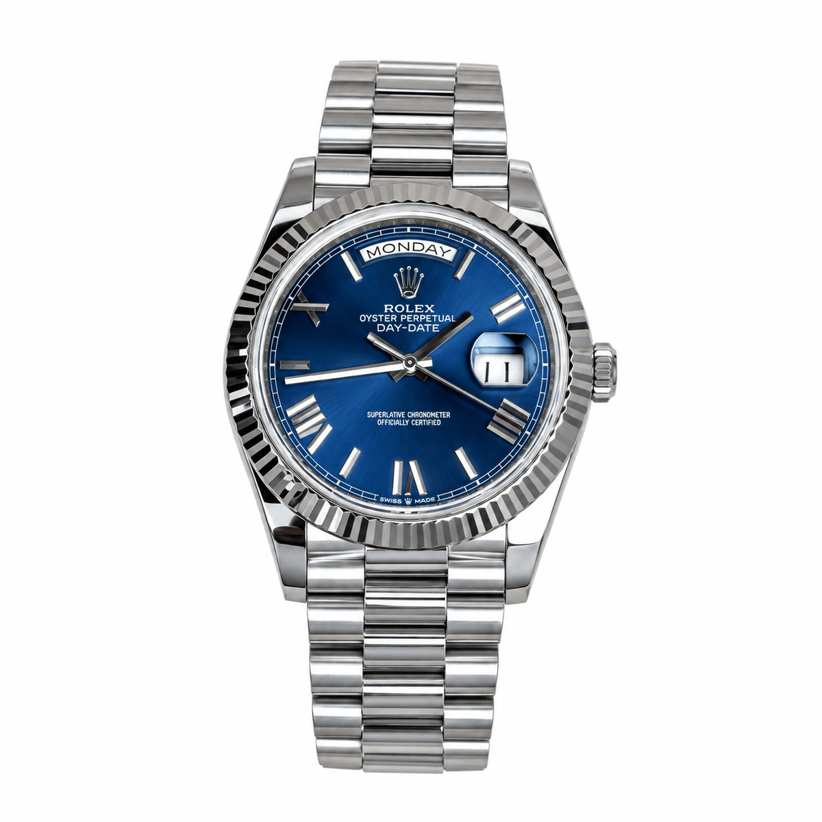 Day-Date Silver Tone Blue Baton Dial 40mm - Watch Vault Au