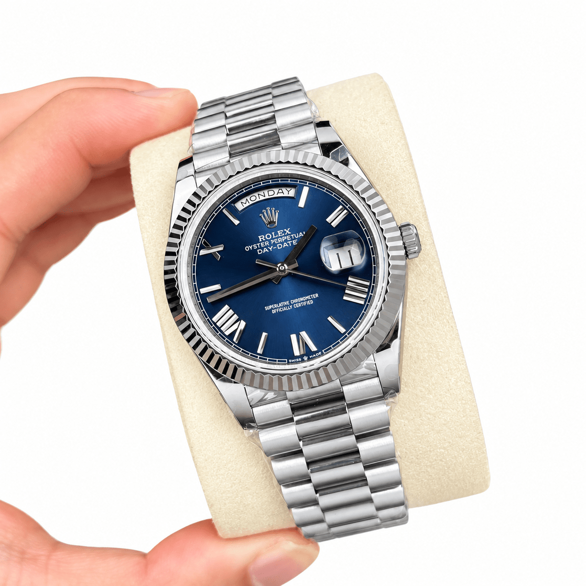 Day-Date Silver Tone Blue Baton Dial 40mm - Watch Vault Au