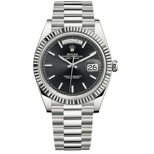 Day-Date Silver Tone Black Baton Dial 40mm - Watch Vault Au