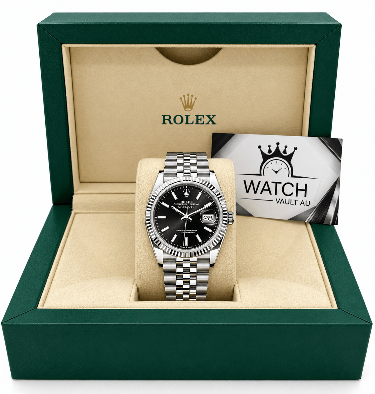 Datejust Silver Tone Black Baton Dial 36mm - Watch Vault Au