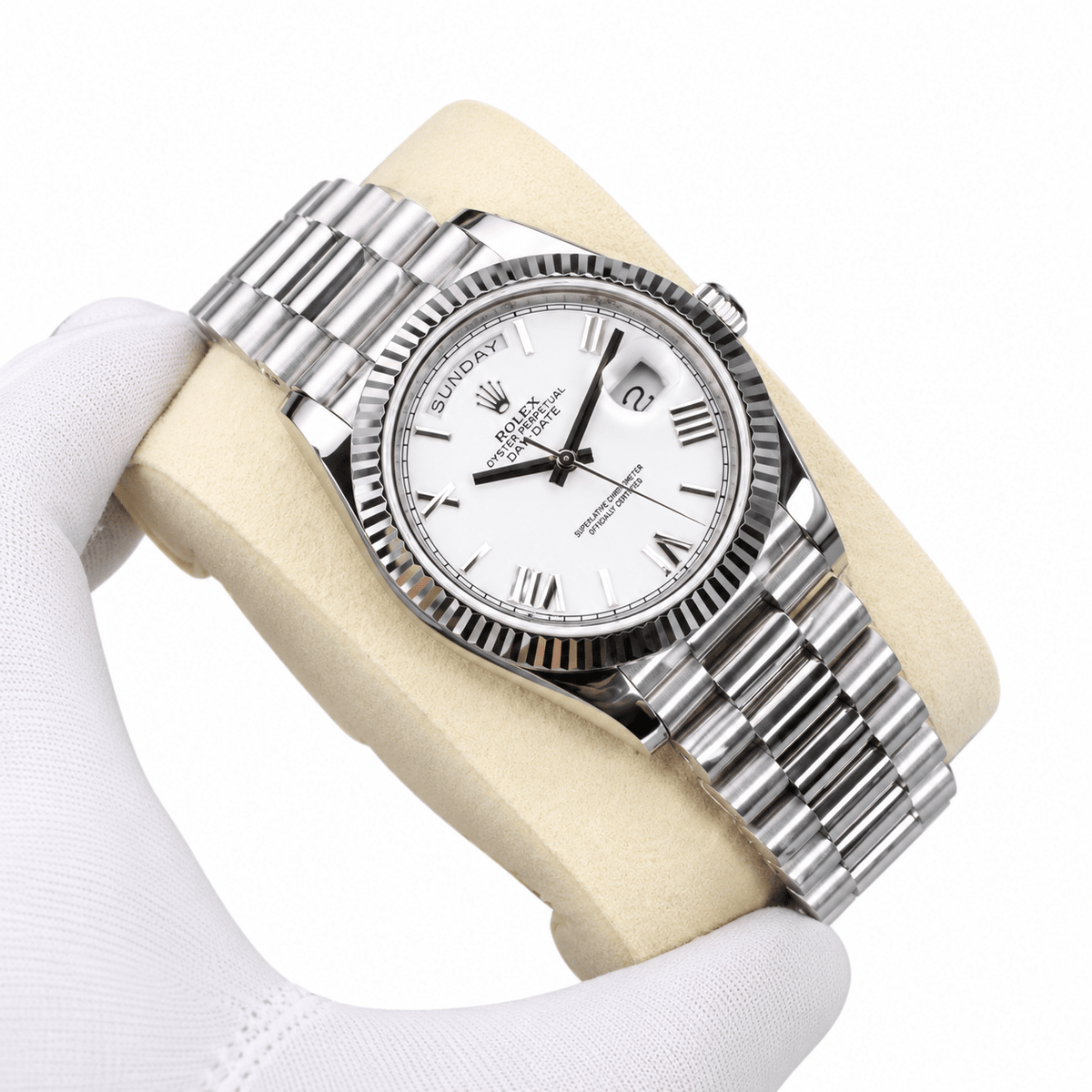 Day-Date Silver Tone White Roman Dial 40mm - Watch Vault Au