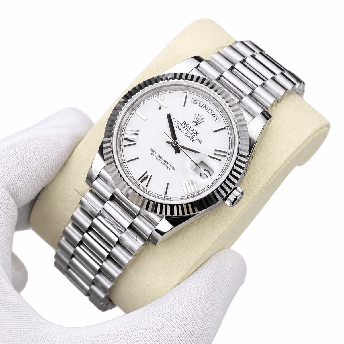 Day-Date Silver Tone White Roman Dial 40mm - Watch Vault Au