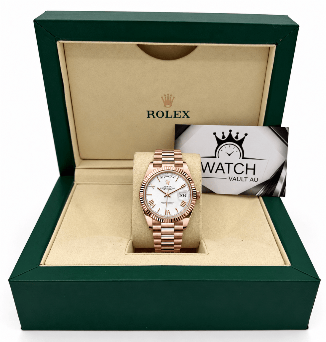Day-Date Rose Gold Tone White Roman Dial 40mm - Watch Vault Au