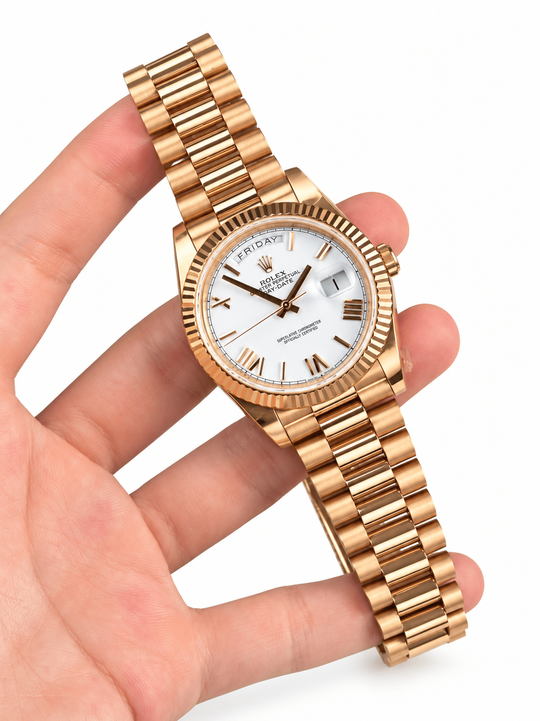 Day-Date Rose Gold Tone White Roman Dial 40mm - Watch Vault Au
