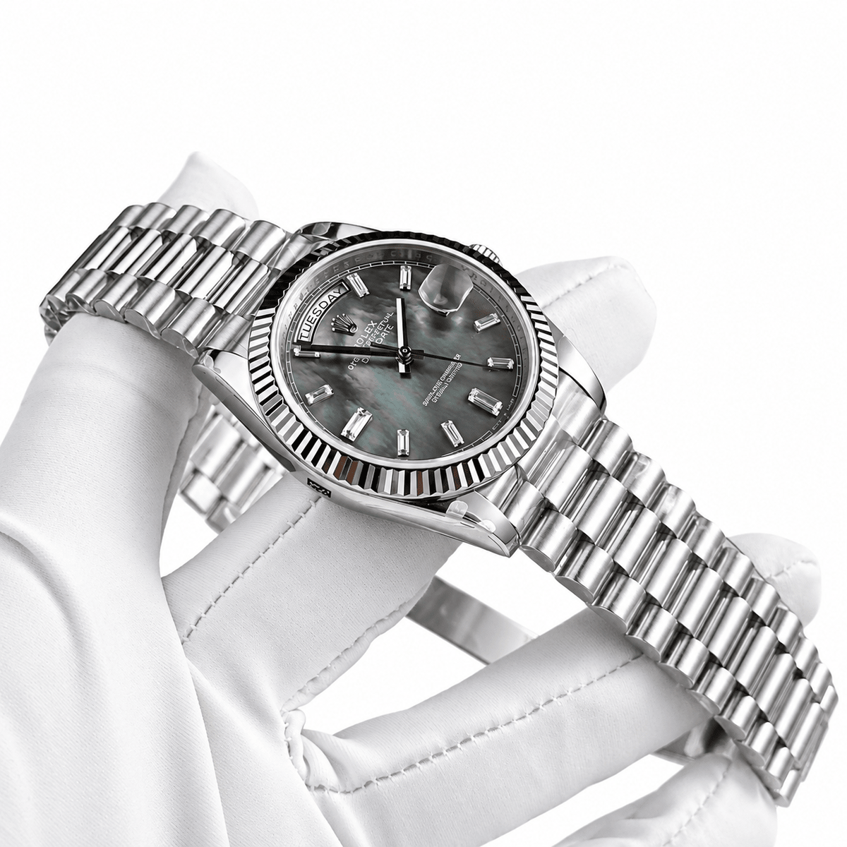 Day-Date Silver Tone Mother-of-Pearl Gem-set Dial 40mm - Watch Vault Au