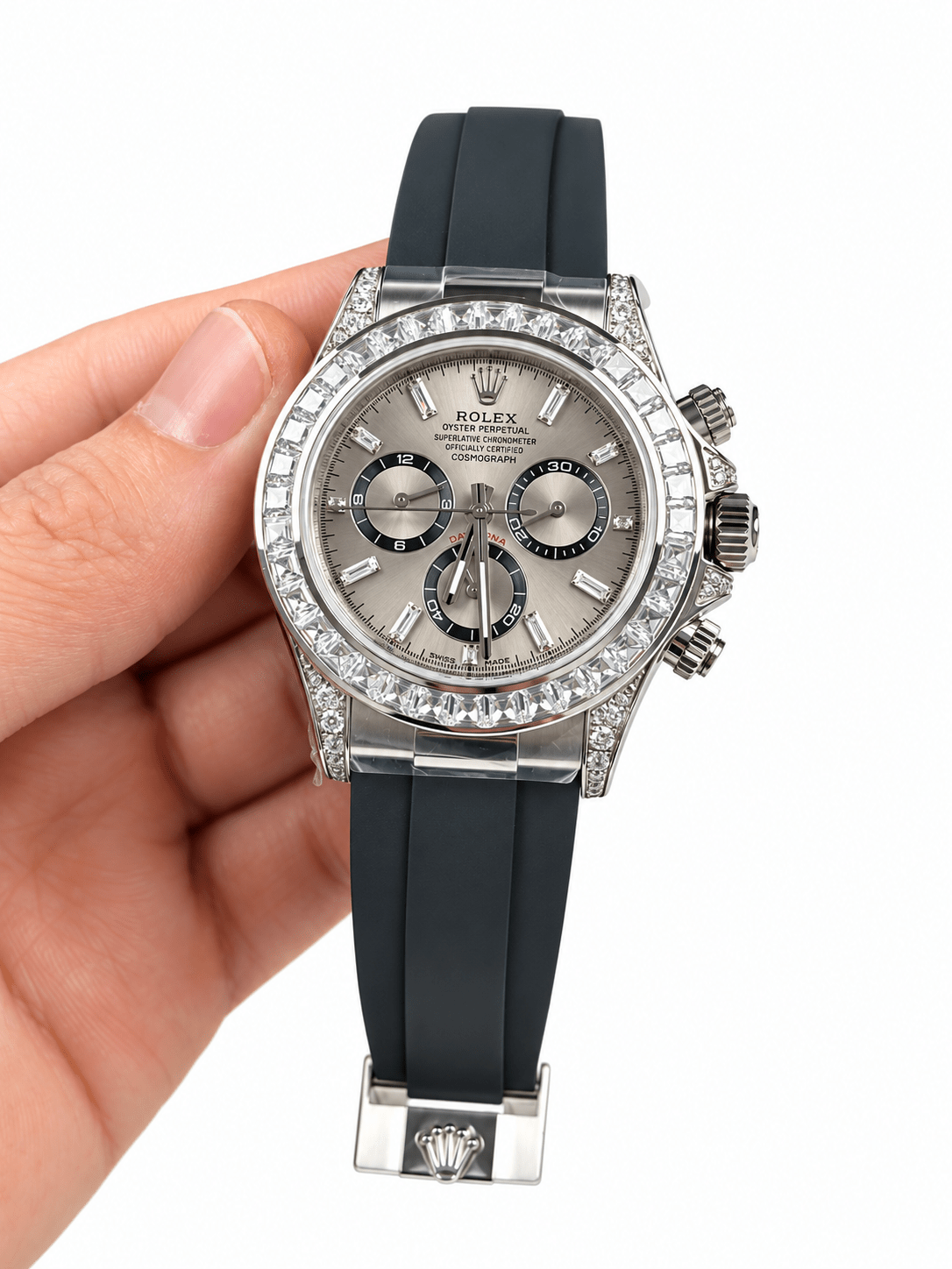 Daytona Silver Tone Sundust Gem-set Bezel Rubber Strap 40mm - Watch Vault Au
