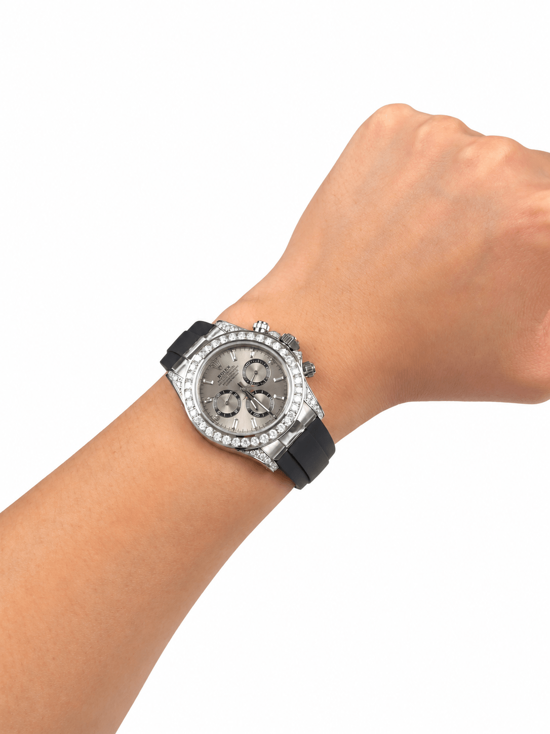 Daytona Silver Tone Sundust Gem-set Bezel Rubber Strap 40mm - Watch Vault Au